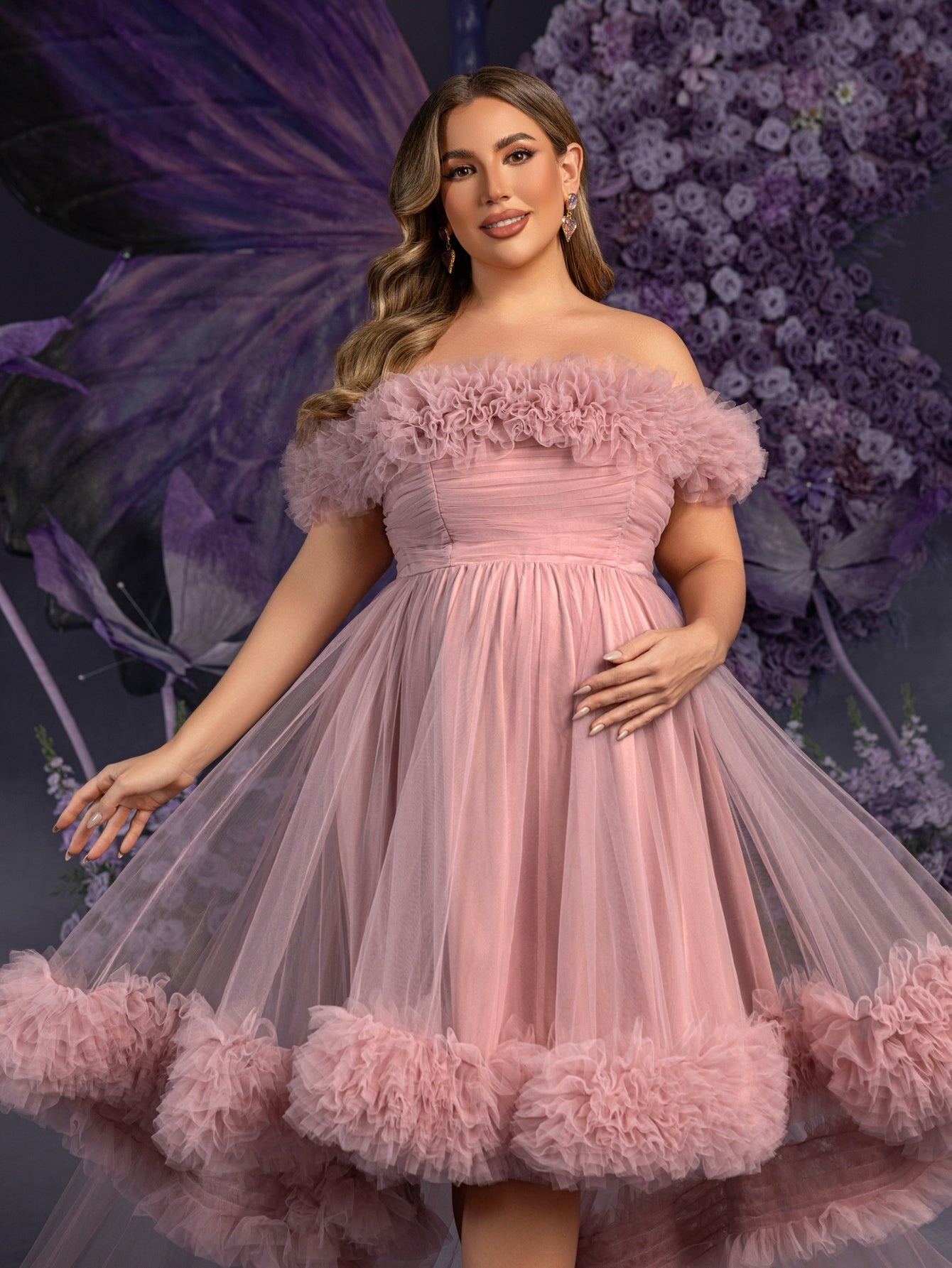 Plus Maternity  Off Shoulder High Low Hem Ruffle Trim Tulle Photography Dress