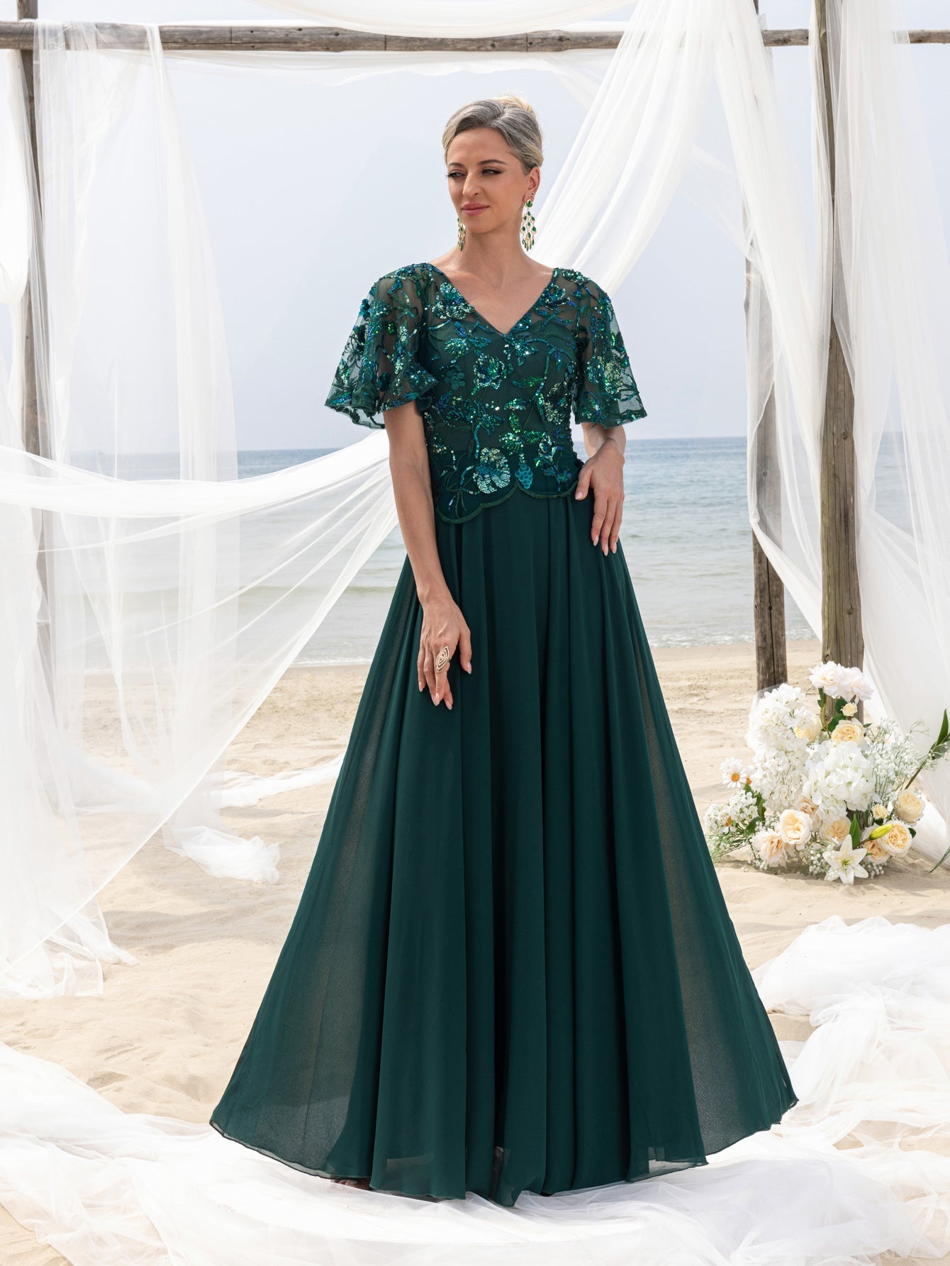 Womens' Elegant Mother-of-the-Bride Gown: Floral Sequin-Embellished Bodice & Chiffon Skirt – V Neckline & Flutter Sleeves for Coastal Weddings
