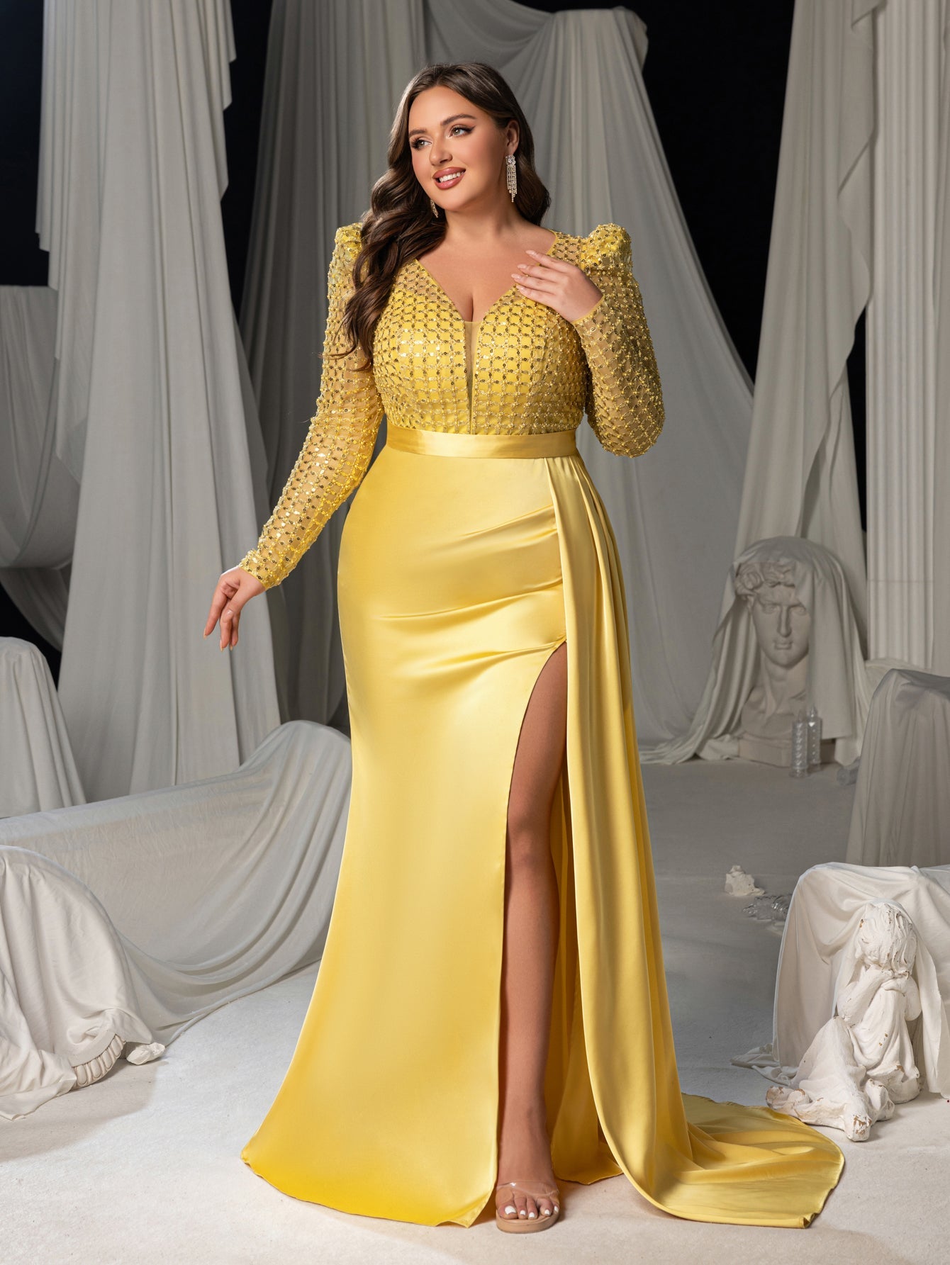 Plus Sequin Long Sleeve V-Neck Formal Dress, Satin Mermaid Train Evening Gown