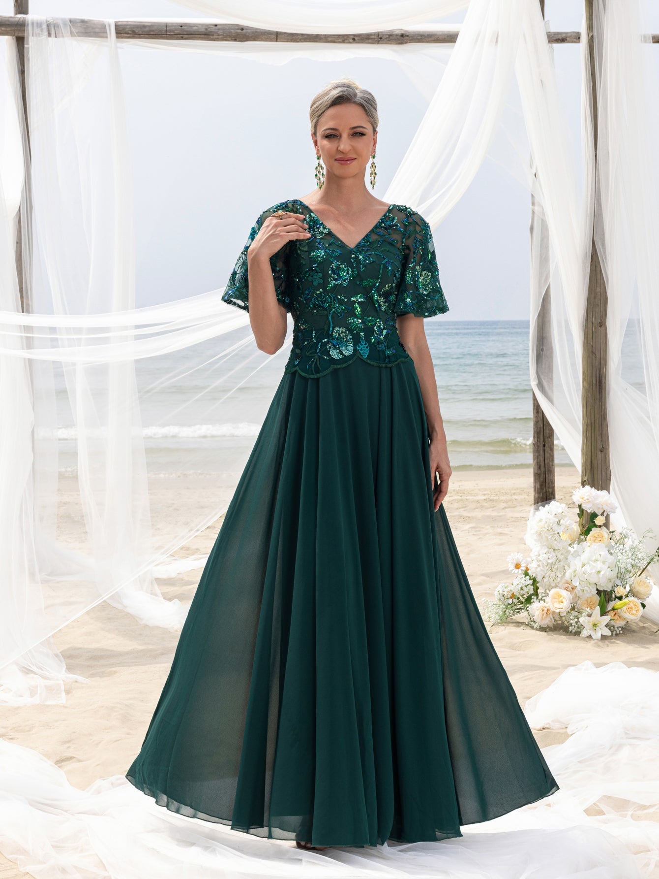 Womens' Elegant Mother-of-the-Bride Gown: Floral Sequin-Embellished Bodice & Chiffon Skirt – V Neckline & Flutter Sleeves for Coastal Weddings