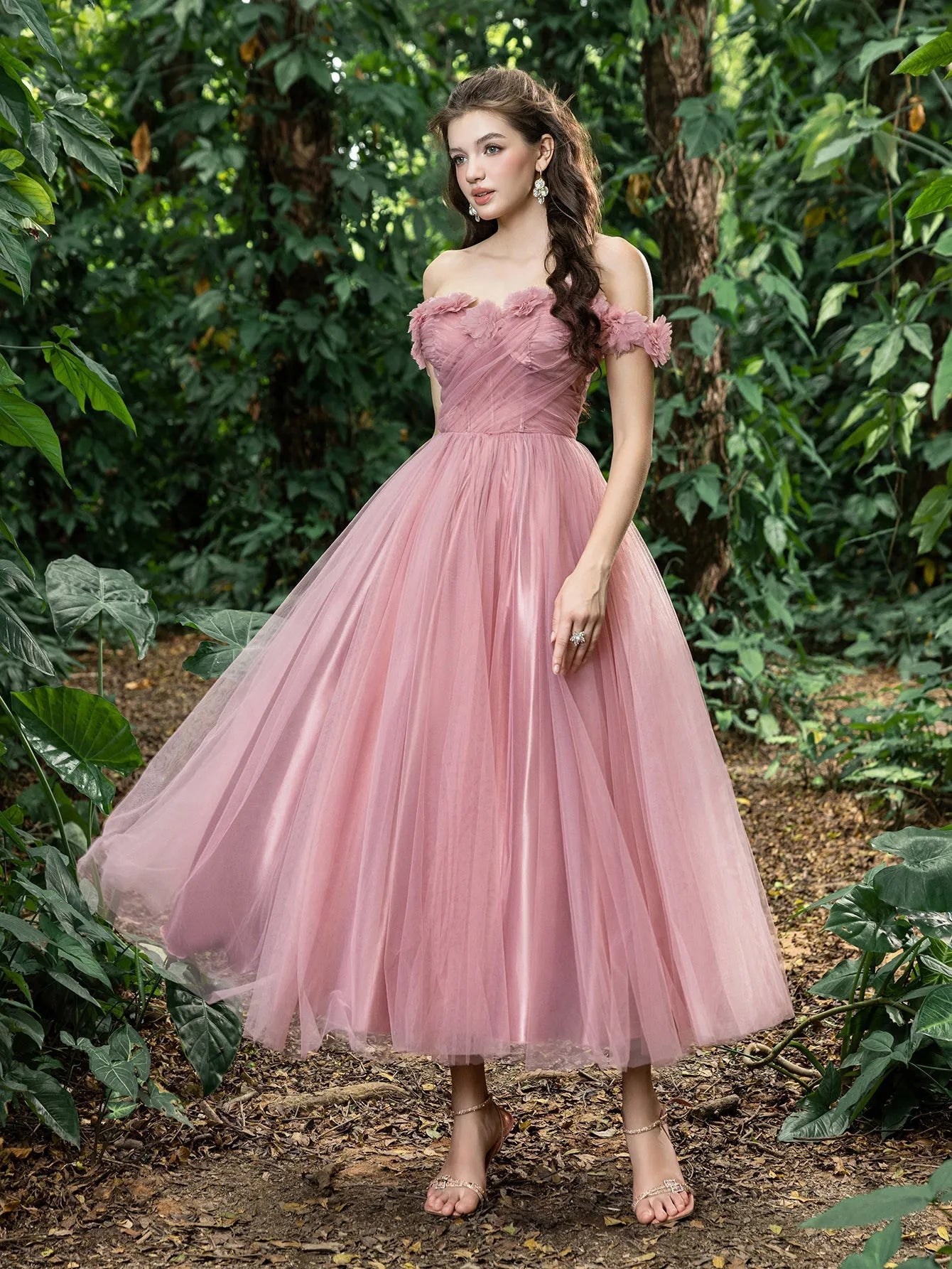 Midi Applique Detail Off Shoulder Tulle Party Tube Dress Mauve / S
