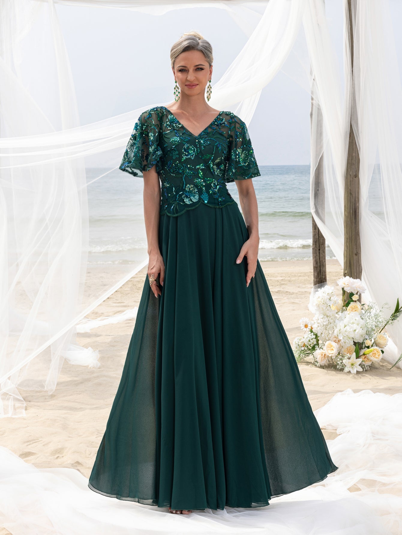 Womens' Elegant Mother-of-the-Bride Gown: Floral Sequin-Embellished Bodice & Chiffon Skirt – V Neckline & Flutter Sleeves for Coastal Weddings
