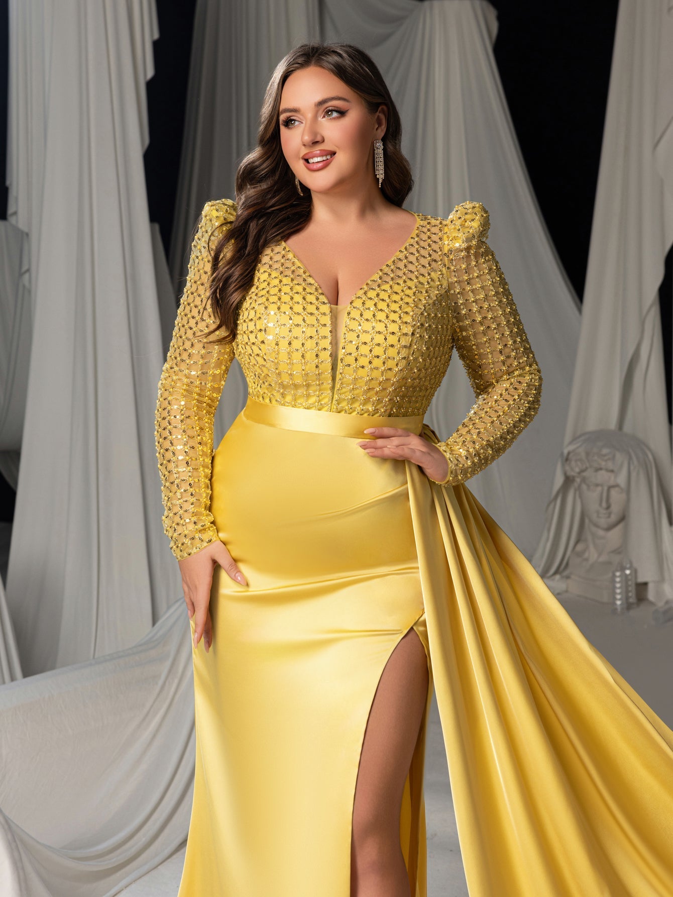 Plus Sequin Long Sleeve V-Neck Formal Dress, Satin Mermaid Train Evening Gown