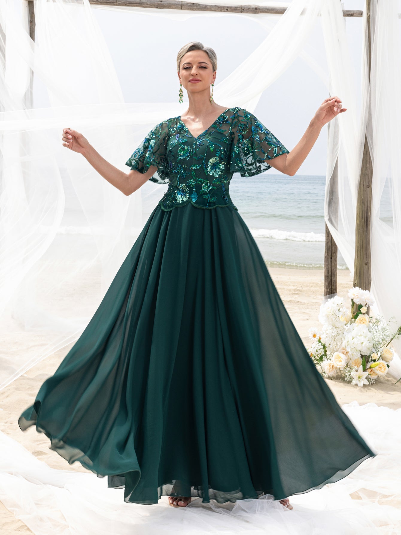 Womens' Elegant Mother-of-the-Bride Gown: Floral Sequin-Embellished Bodice & Chiffon Skirt – V Neckline & Flutter Sleeves for Coastal Weddings