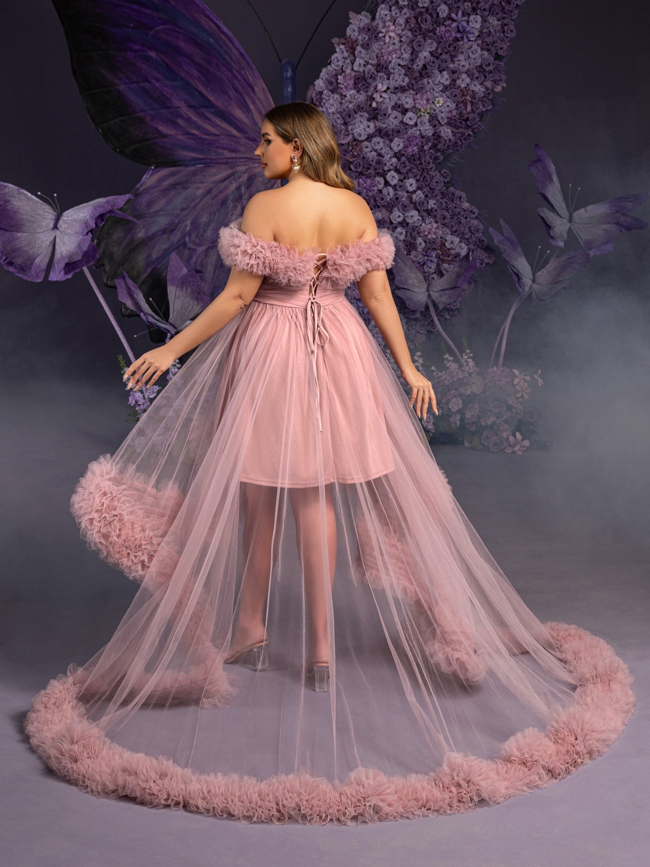 Plus Maternity  Off Shoulder High Low Hem Ruffle Trim Tulle Photography Dress