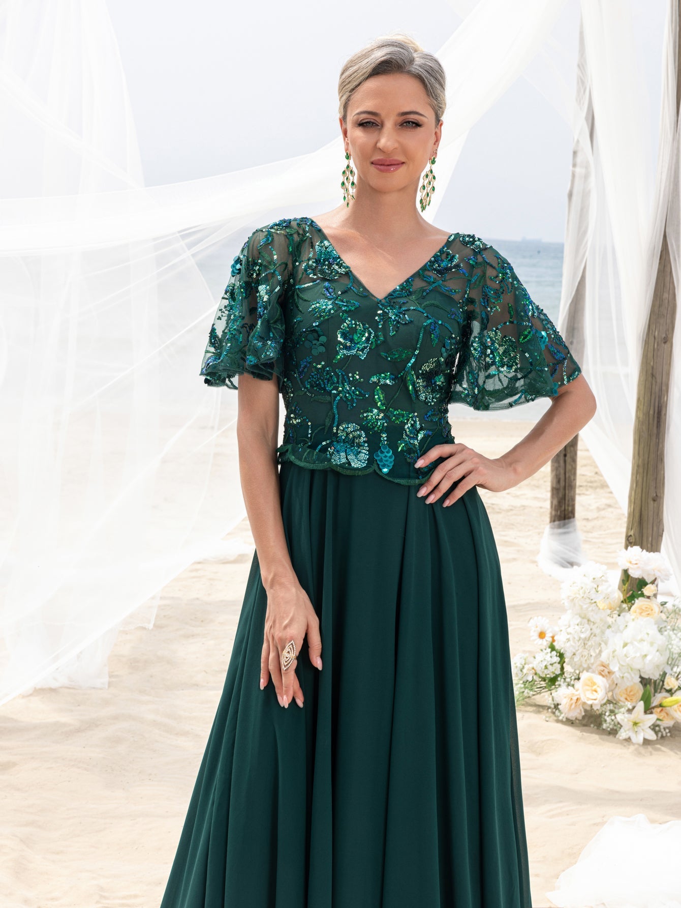 Womens' Elegant Mother-of-the-Bride Gown: Floral Sequin-Embellished Bodice & Chiffon Skirt – V Neckline & Flutter Sleeves for Coastal Weddings