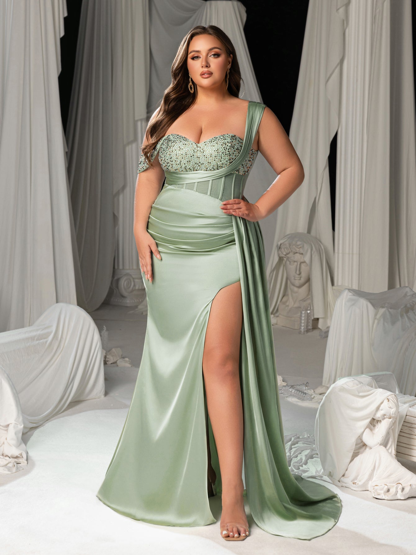 Plus Asymmetrical Neck Split Thigh Satin Mermaid Dress Evening Dress Dark Green / 2XL Plus Asymmetrical Neck Split Thigh Satin Mermaid Dress Evening Dress Dark Green / 2XL
