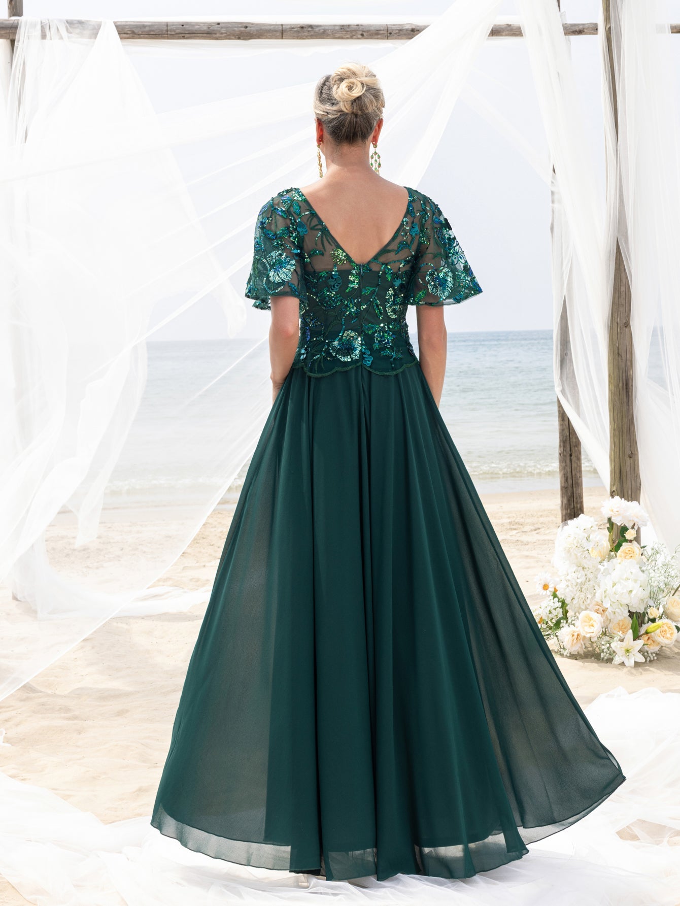 Womens' Elegant Mother-of-the-Bride Gown: Floral Sequin-Embellished Bodice & Chiffon Skirt – V Neckline & Flutter Sleeves for Coastal Weddings