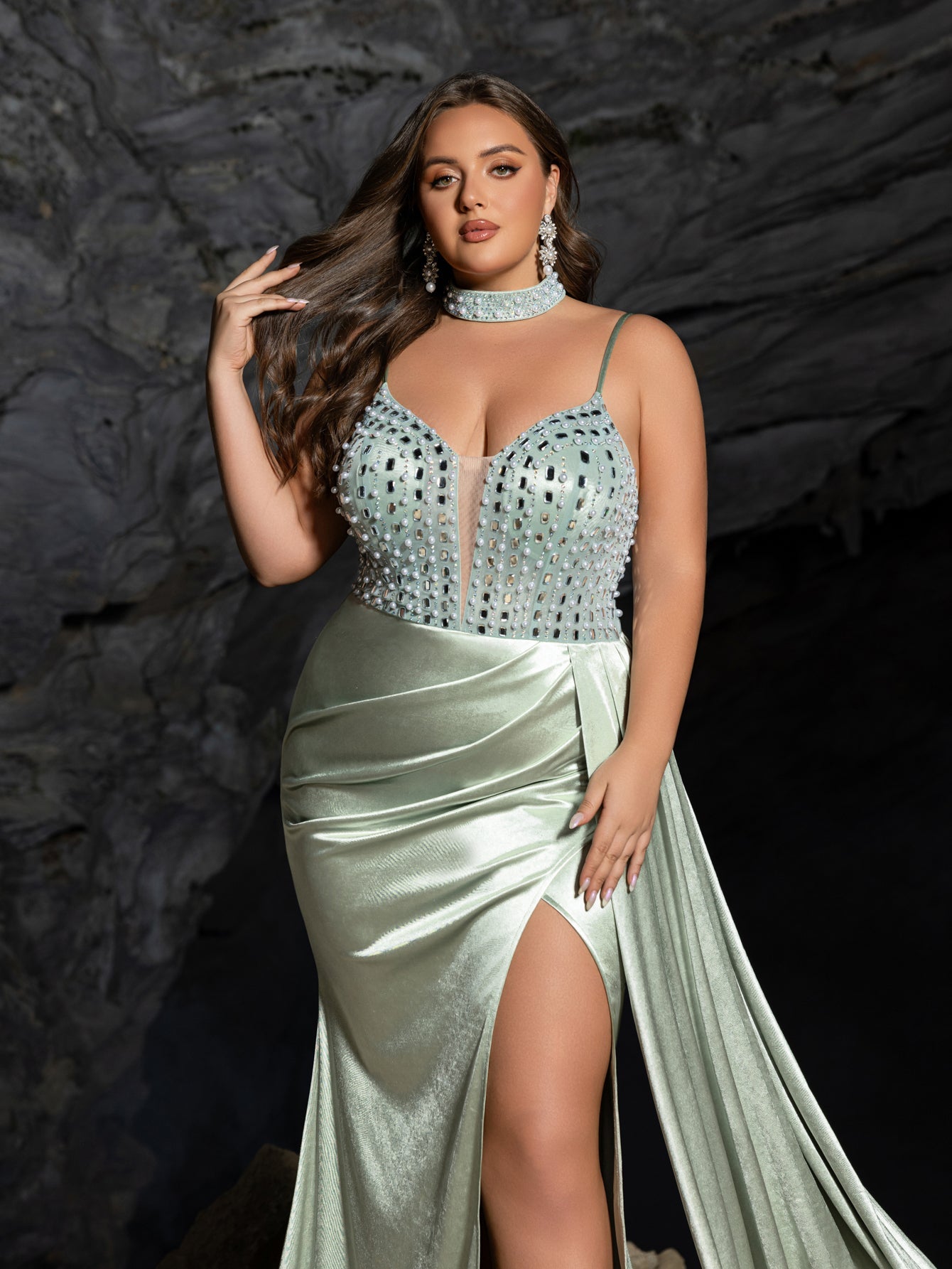 Spaghetti Straps with Side Slit & Cascading Train