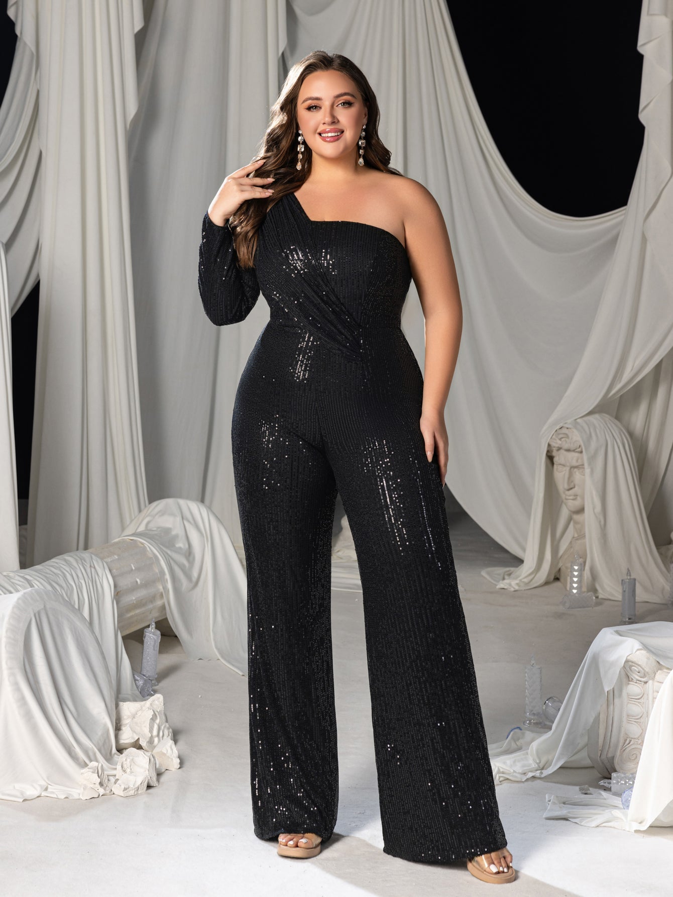 Plus One Shoulder Sequin Long Sleeve Wide Leg Jumpsuit