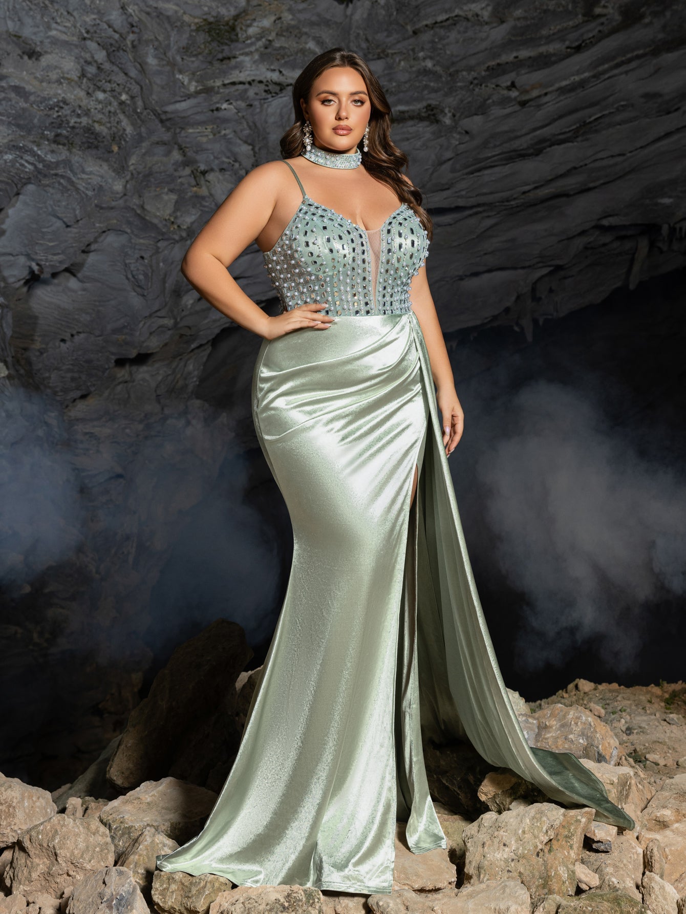 Spaghetti Straps with Side Slit & Cascading Train