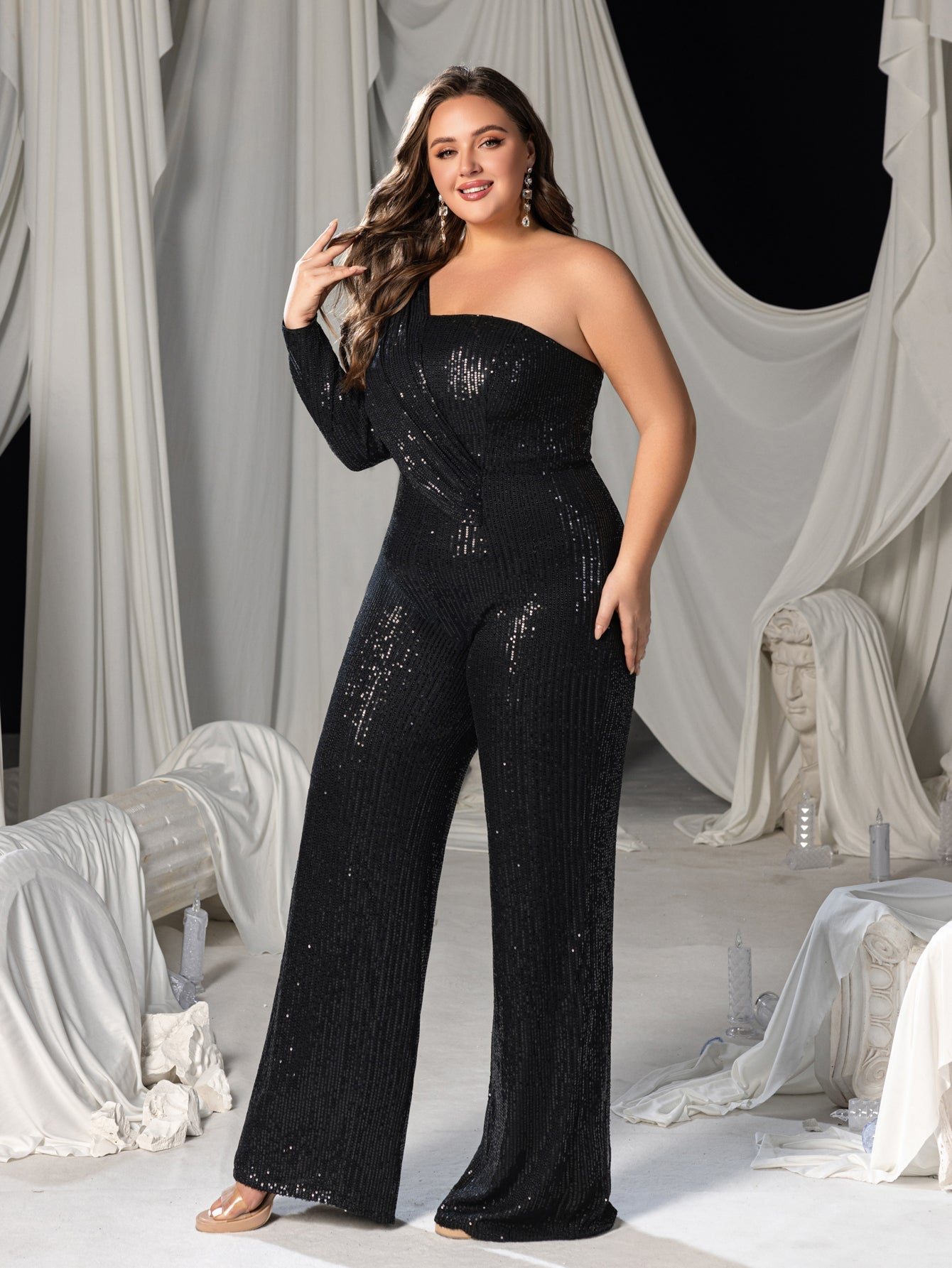 Plus One Shoulder Sequin Long Sleeve Wide Leg Jumpsuit
