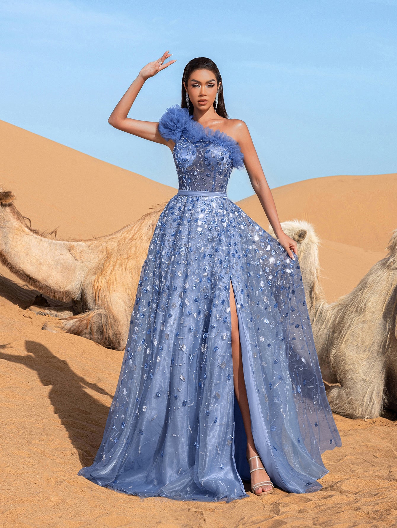 Luxury Gorgeous Ruffle Trim One Shoulder Beaded Sequin Formal Dress Blue Ashes / L Luxury Gorgeous Ruffle Trim One Shoulder Beaded Sequin Formal Dress Blue Ashes / L