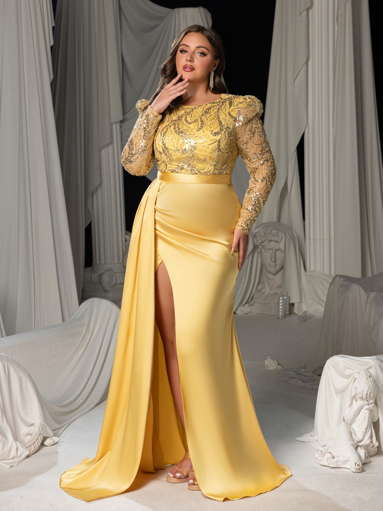 Plus Size Round Neck Long Sleeve Mermaid Hem Sequin Evening Gowns