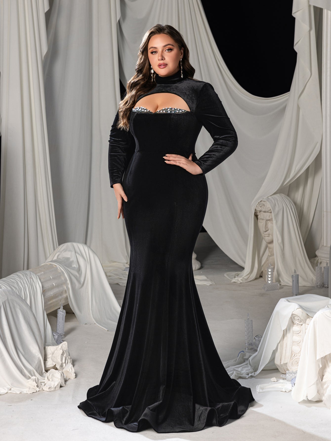 Plus Velvet High-Neck Mermaid Gown with Chest Cutout, Rhinestone Accents & Floor-Length Train