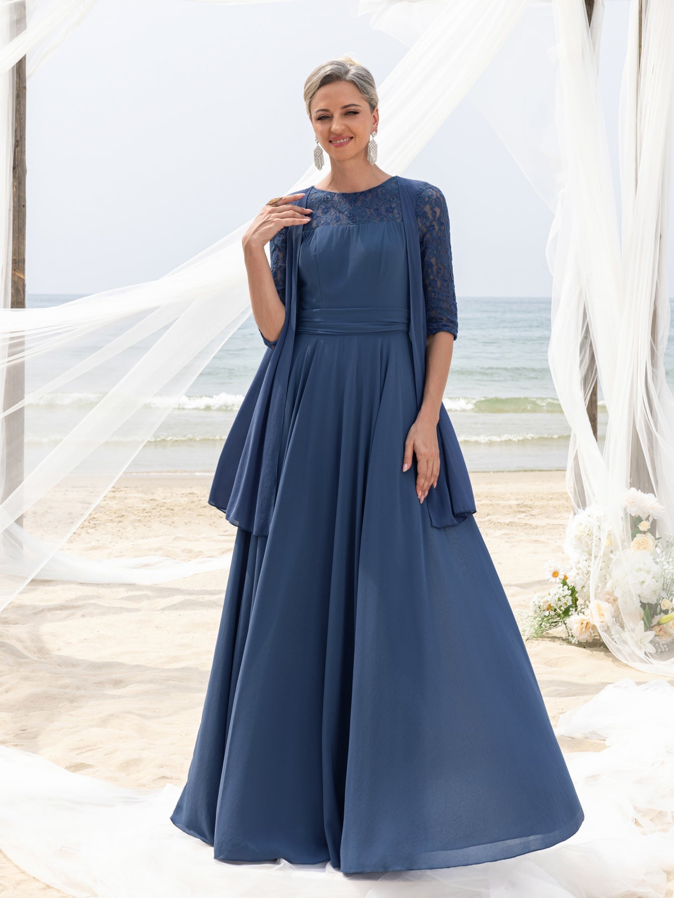 Womens' Lace & Chiffon Mother-of-the-Bride Dress: Flowing Beach Weddi Blue Ashes / S Womens' Lace & Chiffon Mother-of-the-Bride Dress: Flowing Beach Weddi Blue Ashes / S