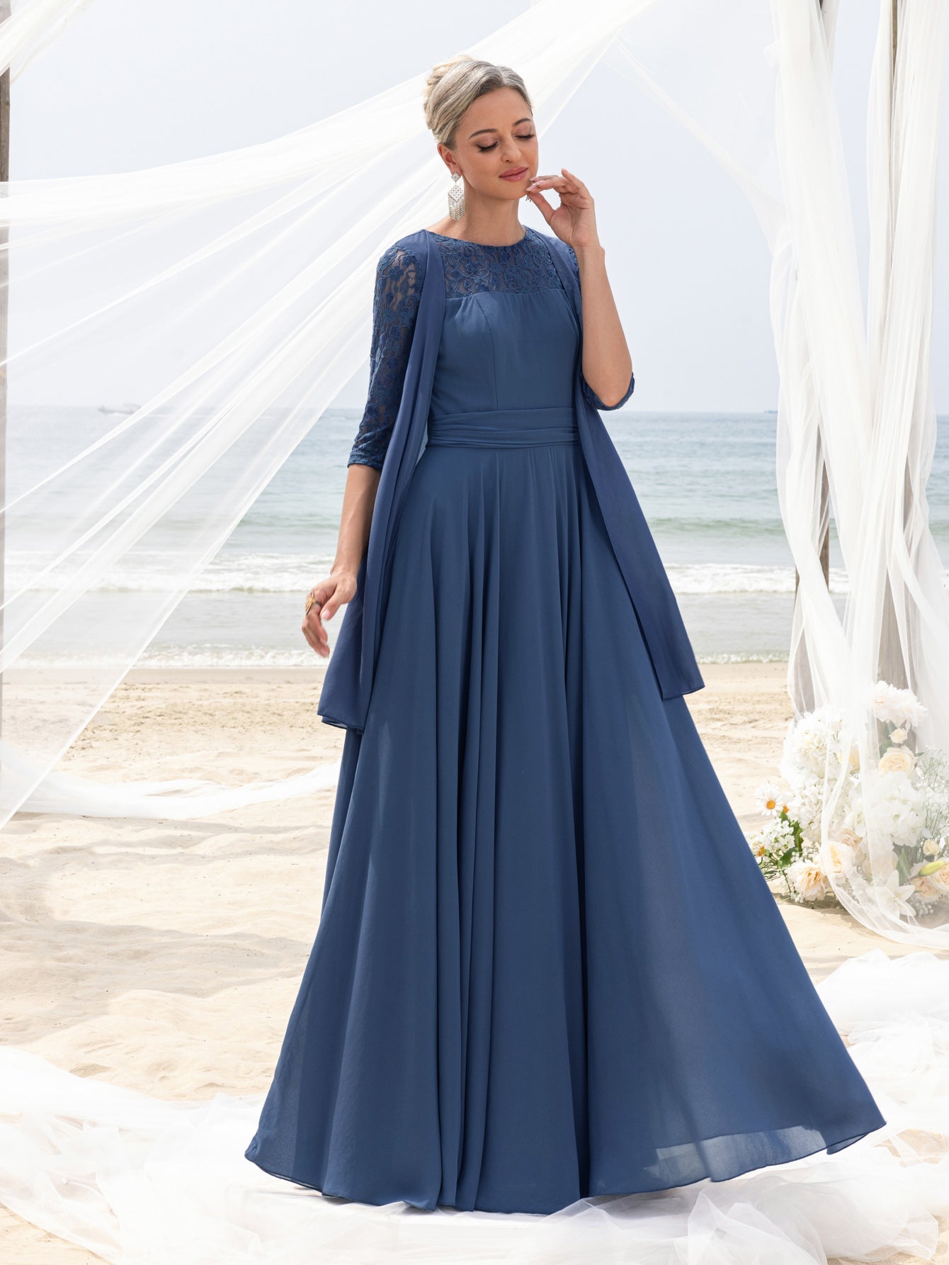 Womens' Lace & Chiffon Mother-of-the-Bride Dress: Flowing Beach Wedding Gown with Mid-Sleeve Detailing & Dramatic Skirt