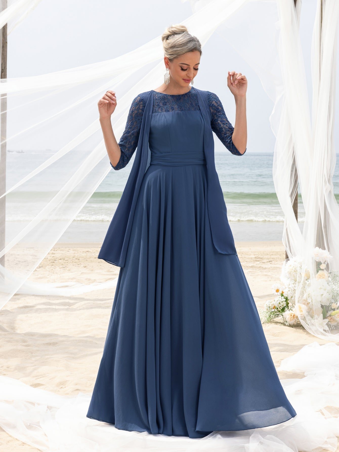 Womens' Lace & Chiffon Mother-of-the-Bride Dress: Flowing Beach Wedding Gown with Mid-Sleeve Detailing & Dramatic Skirt