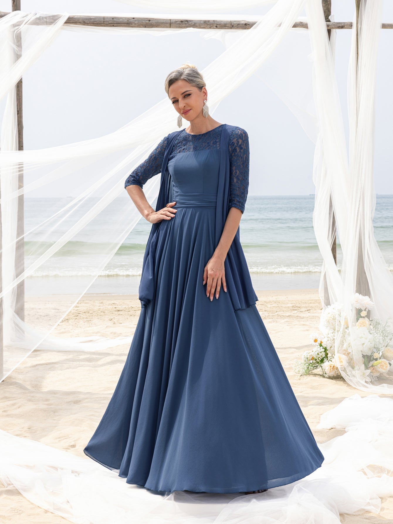 Womens' Lace & Chiffon Mother-of-the-Bride Dress: Flowing Beach Wedding Gown with Mid-Sleeve Detailing & Dramatic Skirt