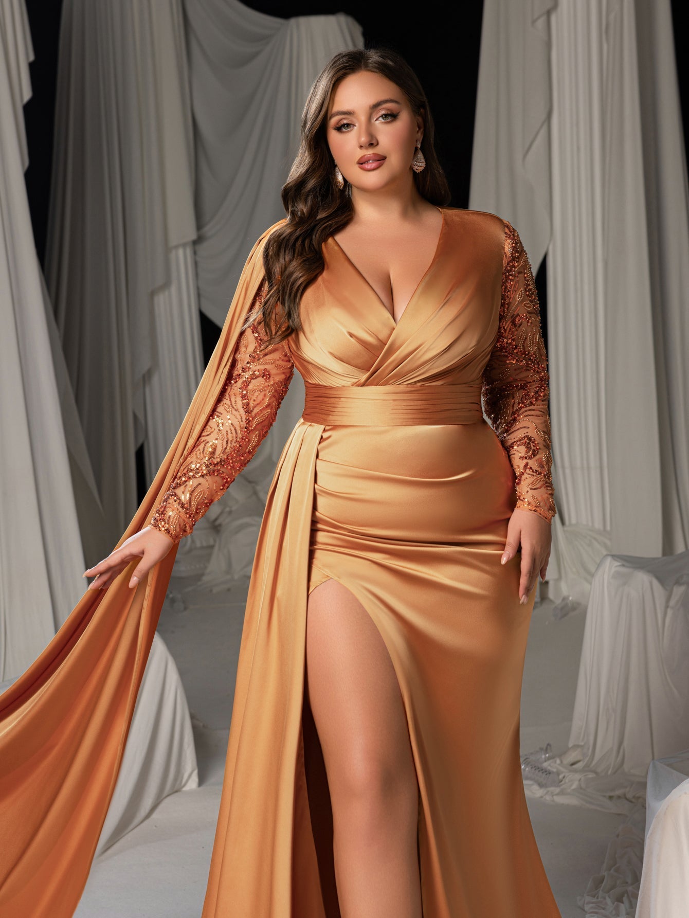 Plus Satin Deep V-Neck Long Sleeves Evening Gown - Formal Dresses with High Slit