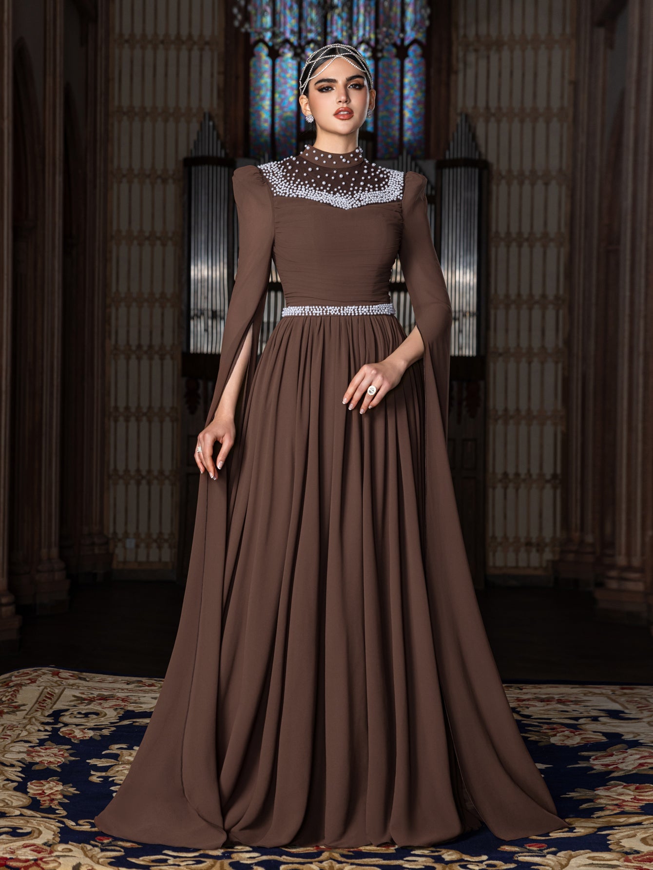 Elegant Mock Neck Extra-Long Sleeves Chiffon Evening Gown with White Bead Accents