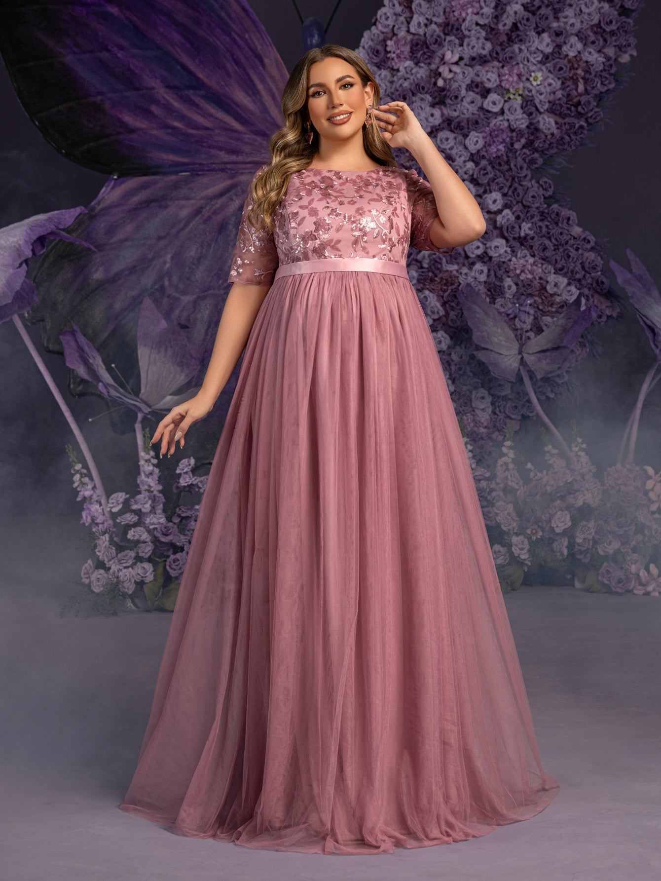 Plus Maternity Floral Sequin Embroidered Bodice Formal Party Dress