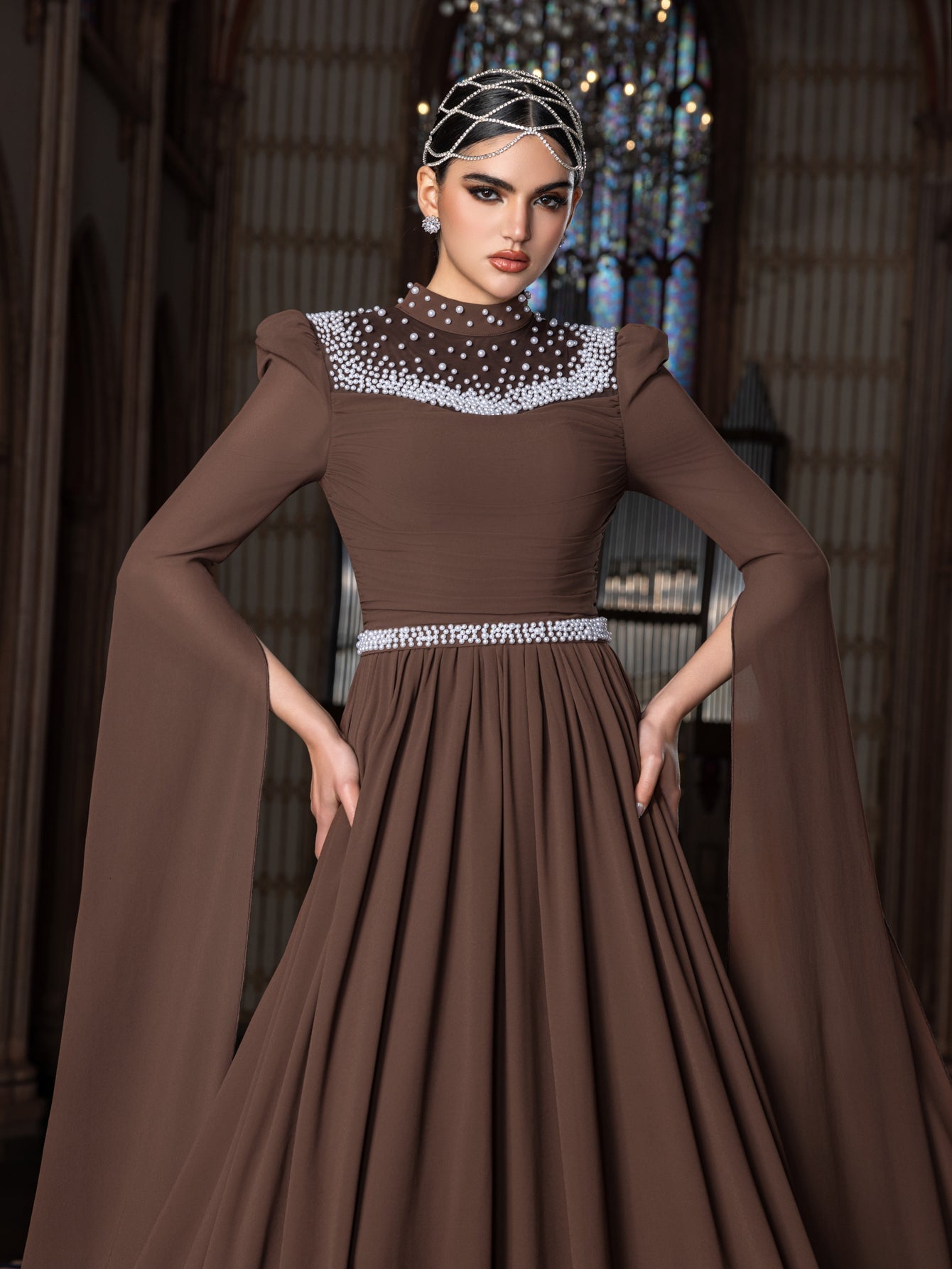 Elegant Mock Neck Extra-Long Sleeves Chiffon Evening Gown with White Bead Accents