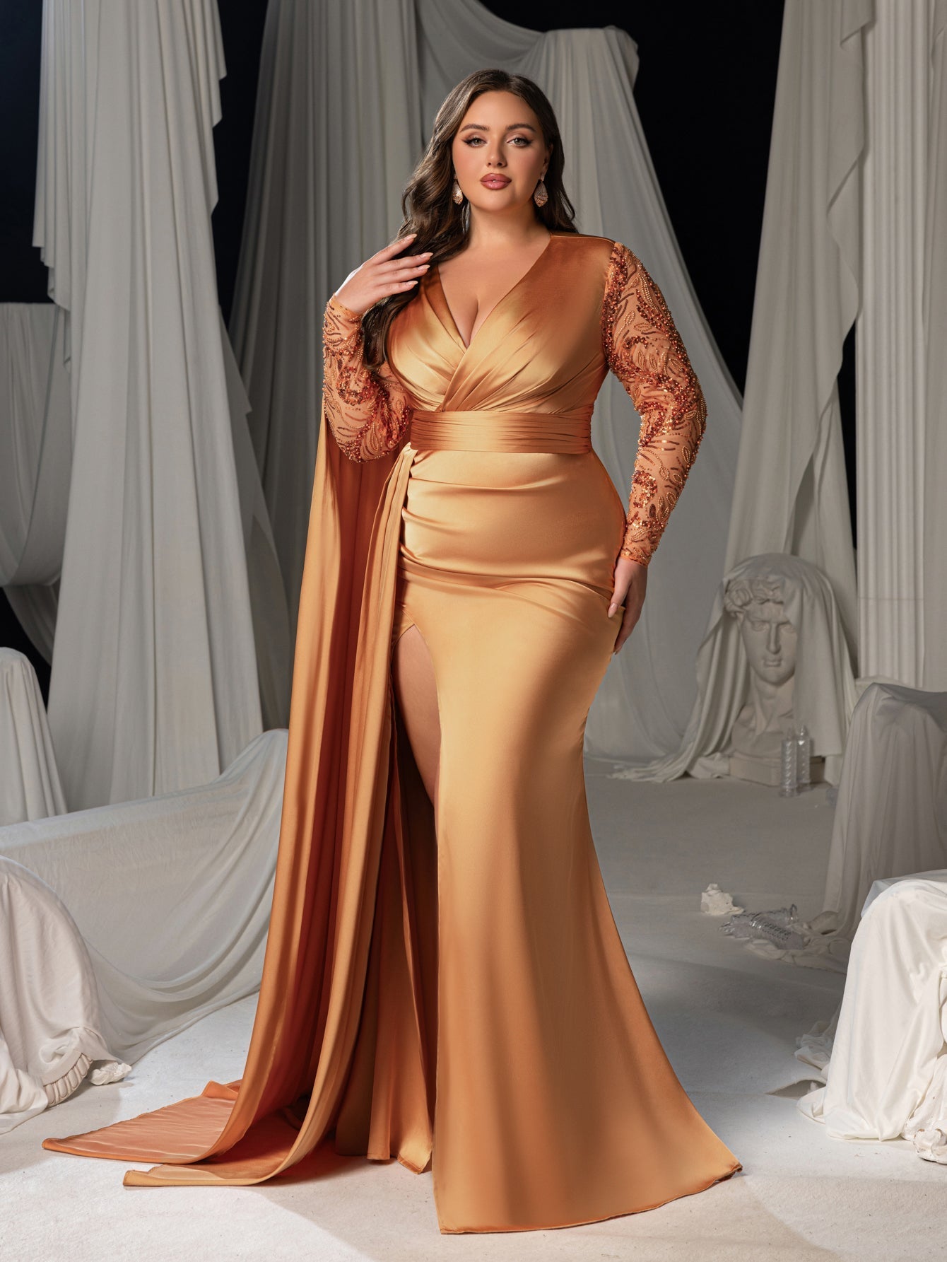 Plus Satin Deep V-Neck Long Sleeves Evening Gown - Formal Dresses with High Slit
