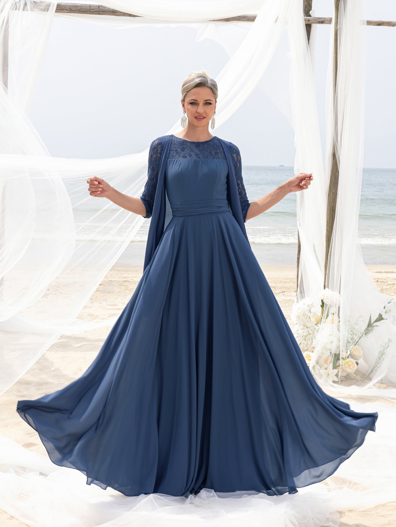 Womens' Lace & Chiffon Mother-of-the-Bride Dress: Flowing Beach Weddi Blue Ashes / S Womens' Lace & Chiffon Mother-of-the-Bride Dress: Flowing Beach Weddi Blue Ashes / S