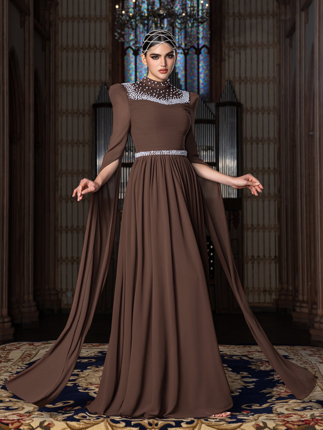 Elegant Mock Neck Extra-Long Sleeves Chiffon Evening Gown with White Bead Accents