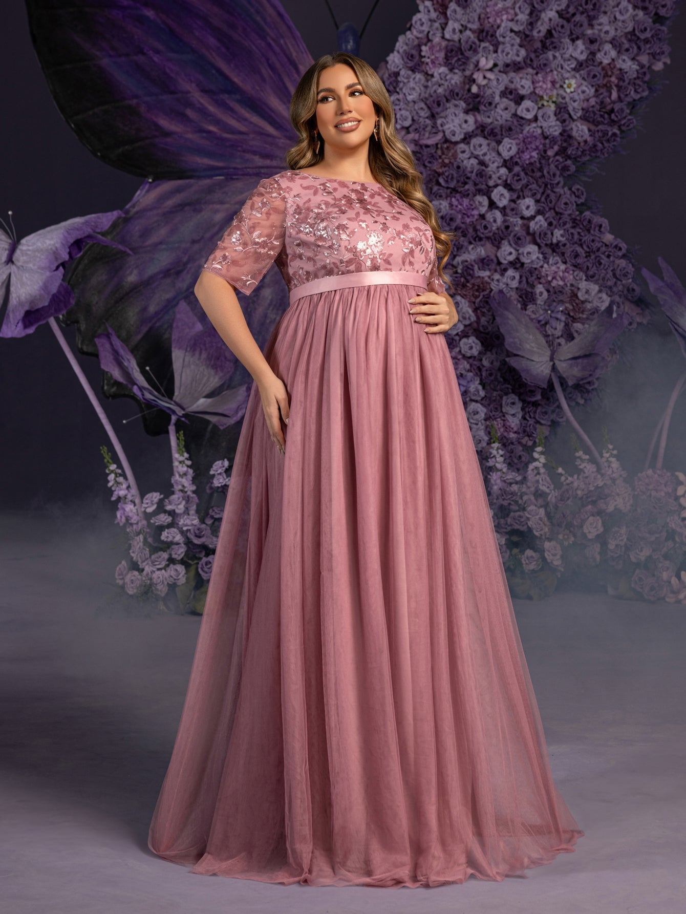 Plus Maternity Floral Sequin Embroidered Bodice Formal Party Dress