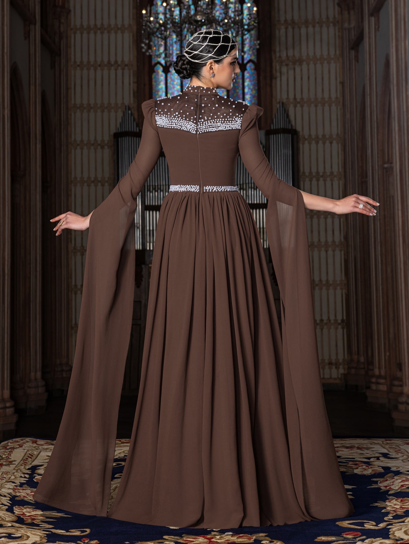 Elegant Mock Neck Extra-Long Sleeves Chiffon Evening Gown with White Coffee / L Elegant Mock Neck Extra-Long Sleeves Chiffon Evening Gown with White Coffee / L