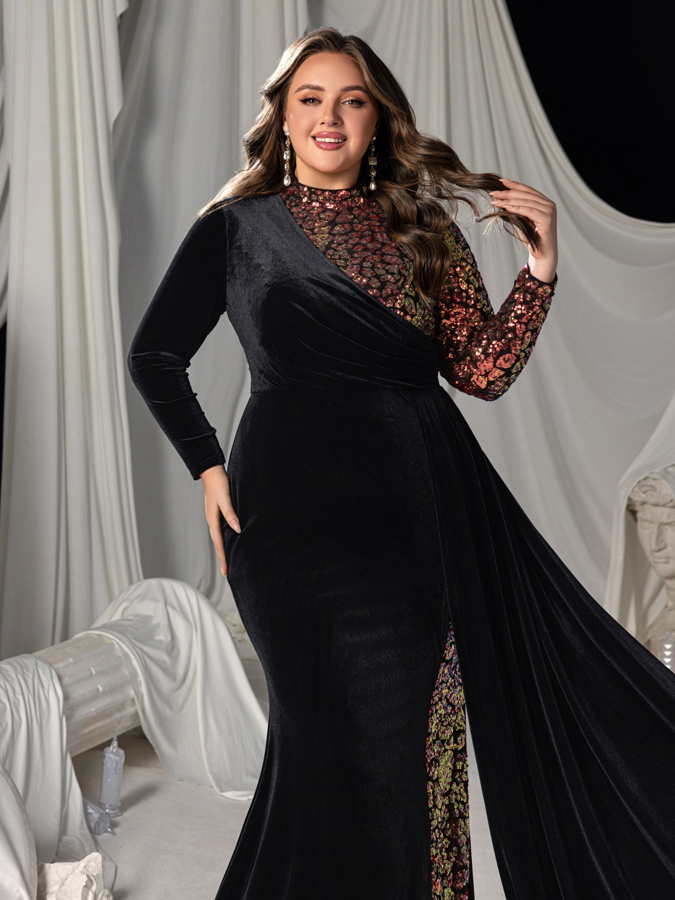 Plus Asymmetric Mermaid Gown with Velvet and Sequins, High Neck & Long Sleeves