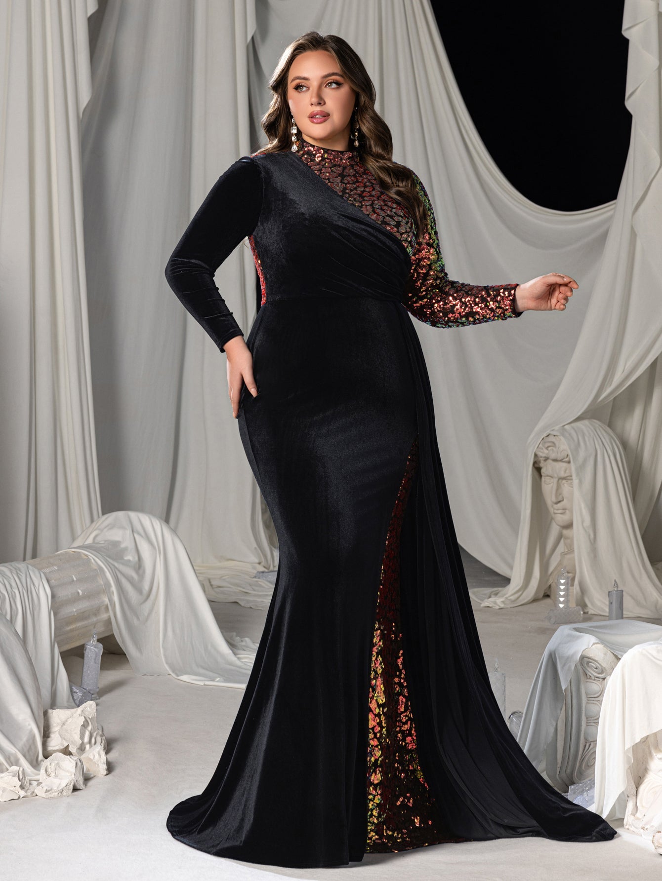 Plus Asymmetric Mermaid Gown with Velvet and Sequins, High Neck & Long Sleeves