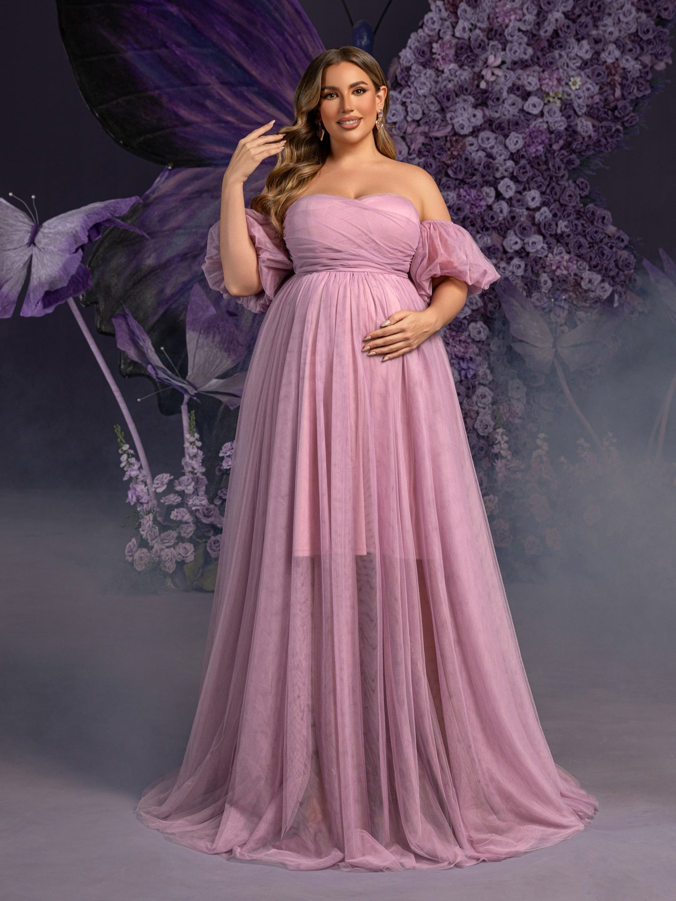 Plus Maternity Strapless Tulle Gown with Puffed Sleeves & Ruched Bodice – Elegant 1XL-5XL Pregnancy Dresses for Photoshoots
