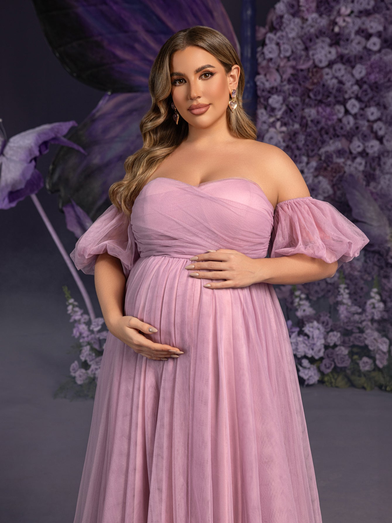 Plus Maternity Strapless Tulle Gown with Puffed Sleeves & Ruched Bodice – Elegant 1XL-5XL Pregnancy Dresses for Photoshoots