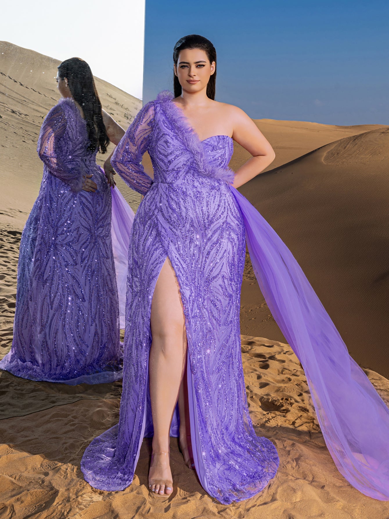 feather trim one shoulder dress ELIZA ONE SHOULDER FEATHER MAXI