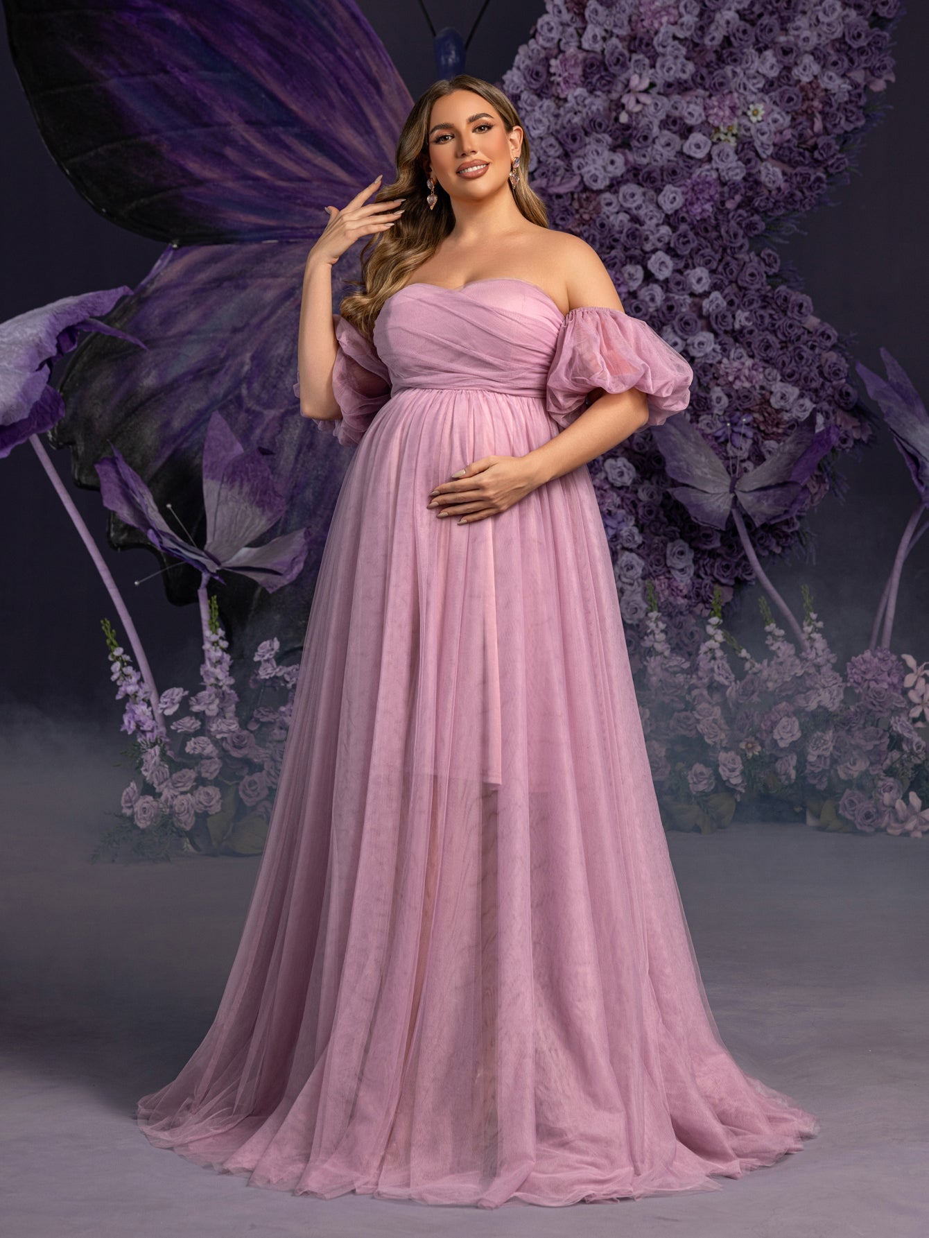 Plus Maternity Strapless Tulle Gown with Puffed Sleeves & Ruched Bodice – Elegant 1XL-5XL Pregnancy Dresses for Photoshoots