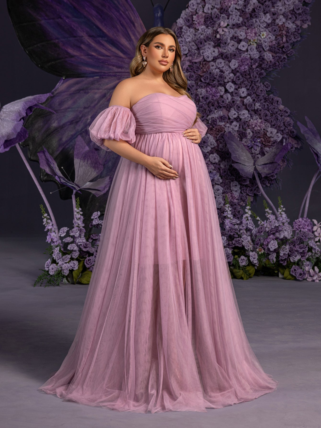 Plus Maternity Strapless Tulle Gown with Puffed Sleeves & Ruched Bodice – Elegant 1XL-5XL Pregnancy Dresses for Photoshoots