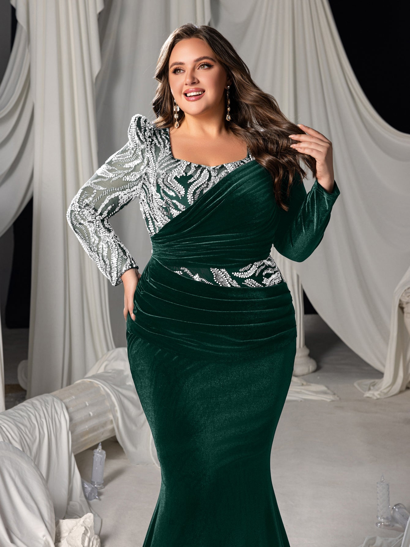 Plus Velvet Mermaid Gown with Sweetheart Neckline, Long Sleeves and Sequins Embroidery