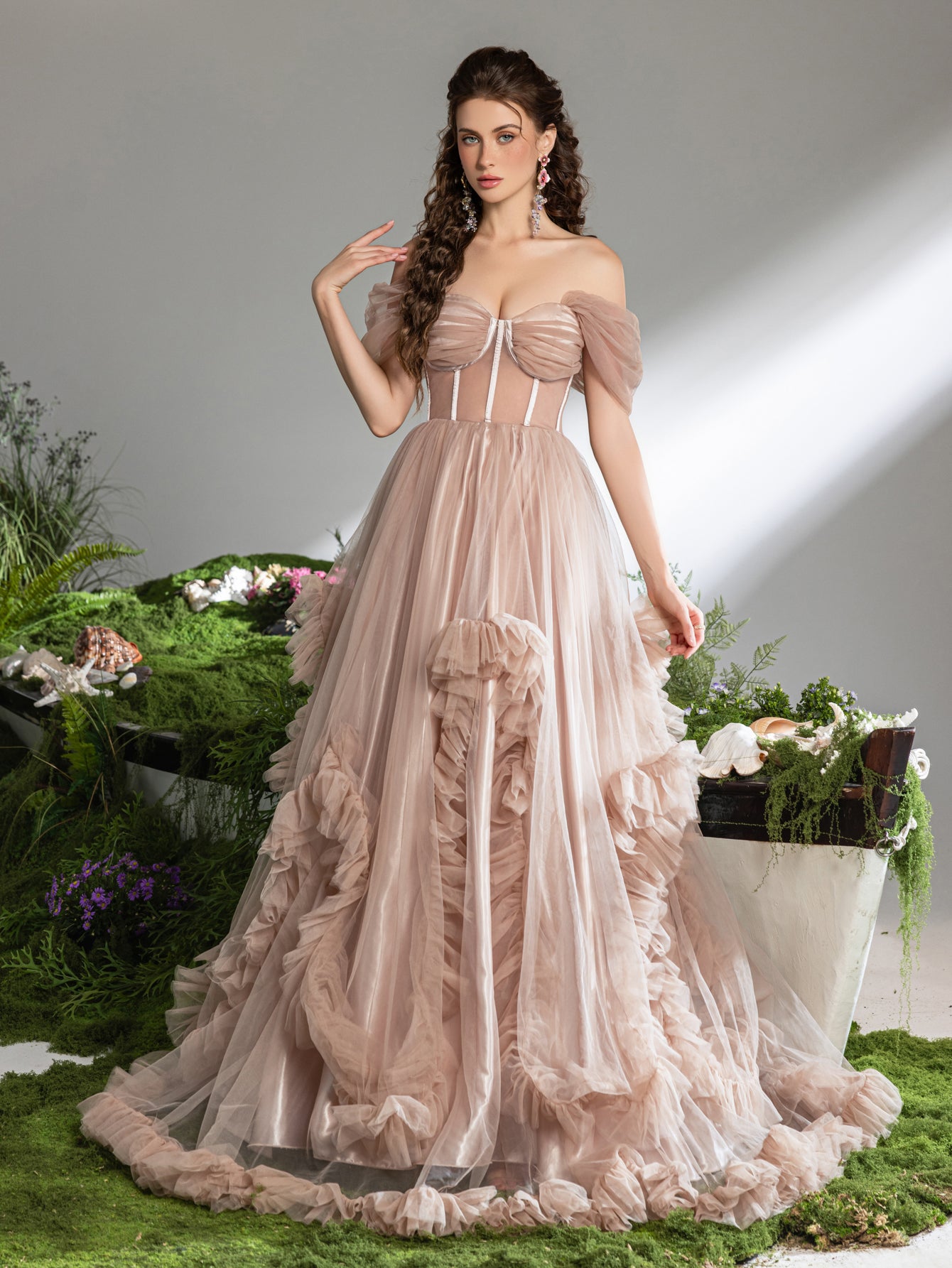 Gorgeous Off Shoulder Sheer Corset Bodice Ruffle Trim Tulle Prom Dress Faeriesty Gorgeous Off Shoulder Sheer Corset Bodice Ruffle Trim Tulle Prom Dress Faeriesty