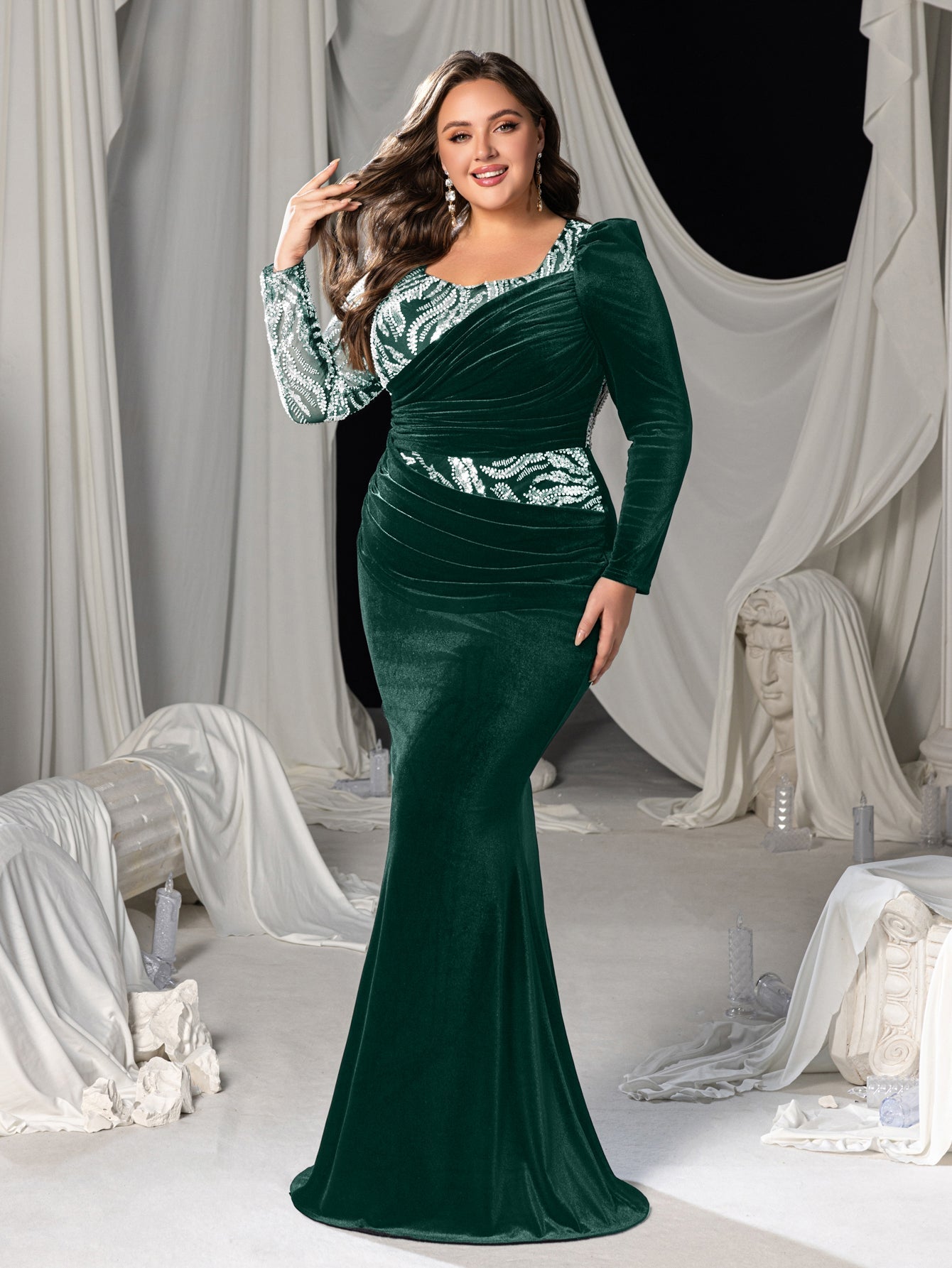 Plus Velvet Mermaid Gown with Sweetheart Neckline, Long Sleeves and Sequins Embroidery