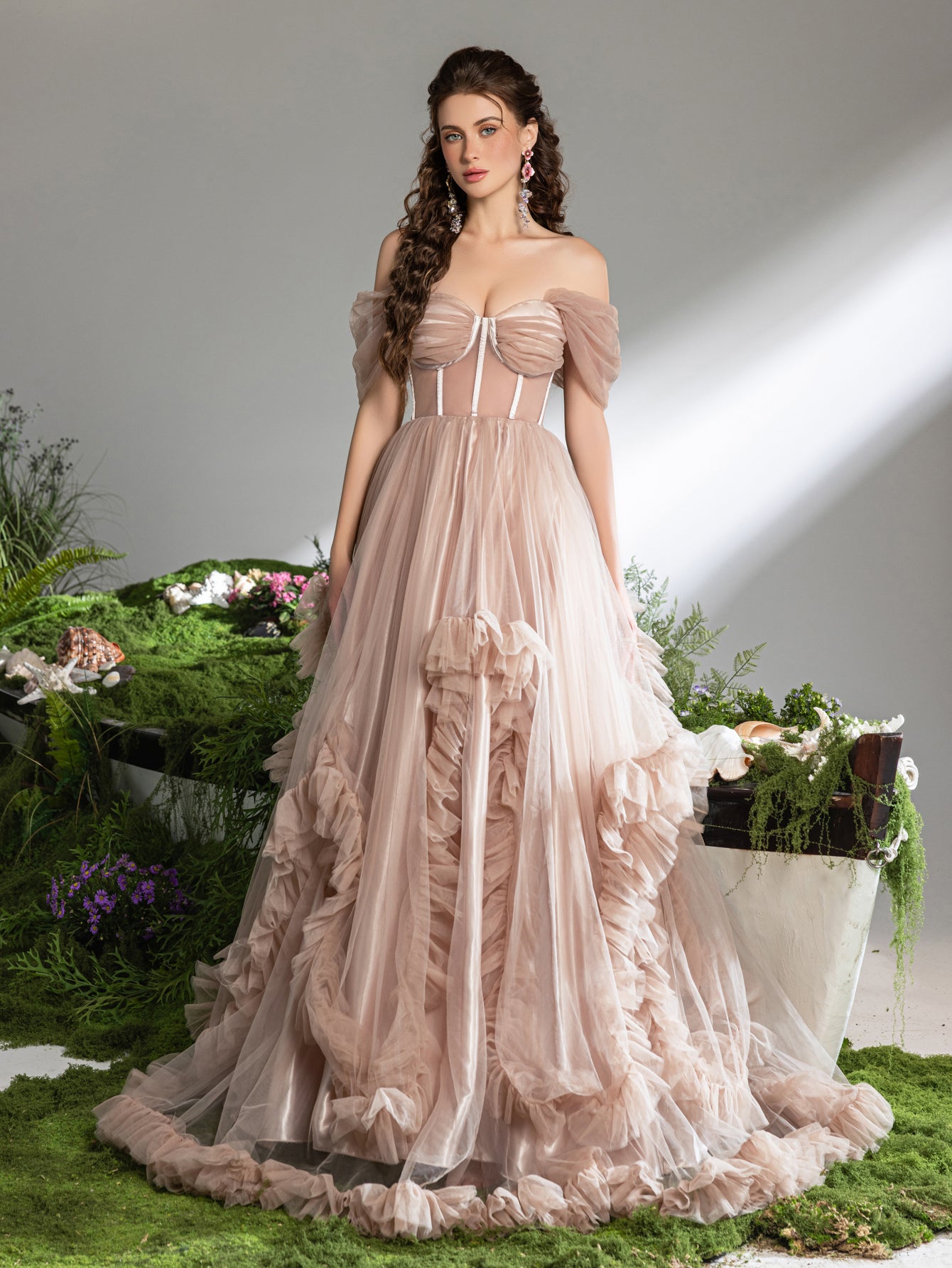 Gorgeous Off Shoulder Sheer Corset Bodice Ruffle Trim Tulle Prom Dress –  Faeriesty