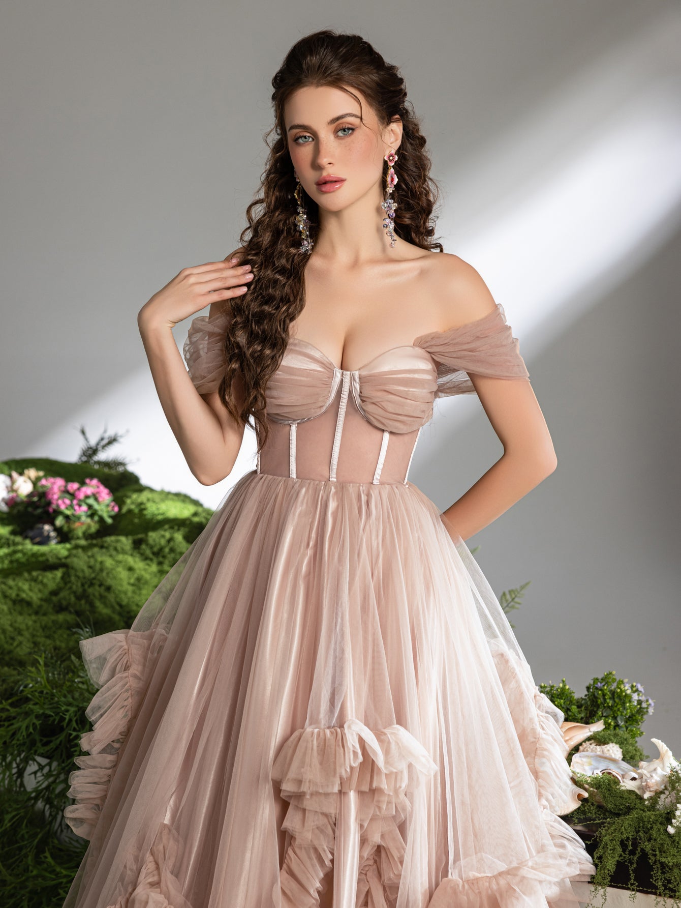 strapless open back dress Burgundy Straps Corset Tulle A-line Prom Formal Dress main image 1