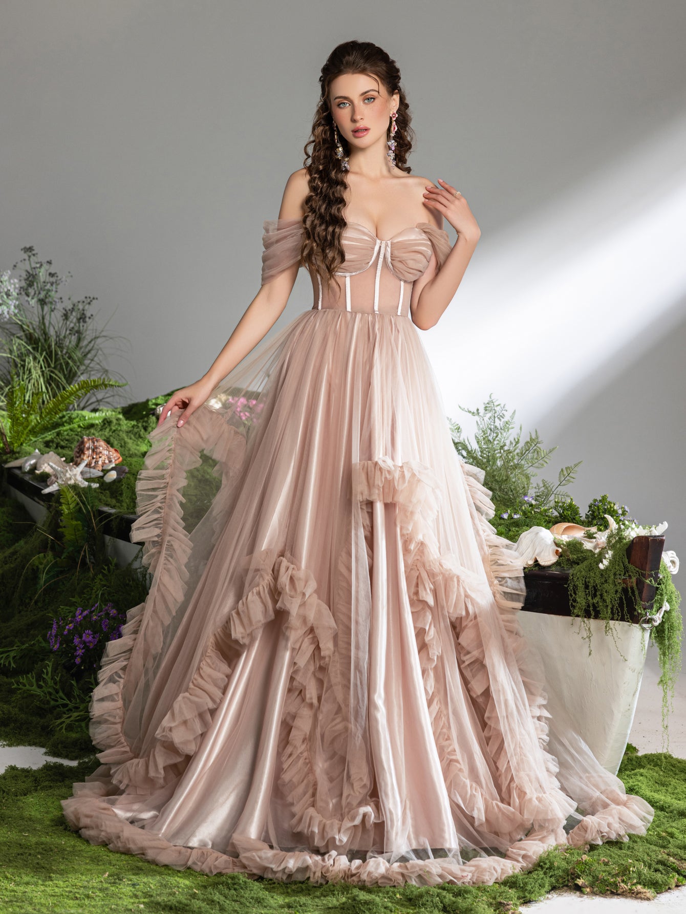 Gorgeous Off Shoulder Sheer Corset Bodice Ruffle Trim Tulle Prom Dress Khaki / XS Gorgeous Off Shoulder Sheer Corset Bodice Ruffle Trim Tulle Prom Dress Khaki / XS