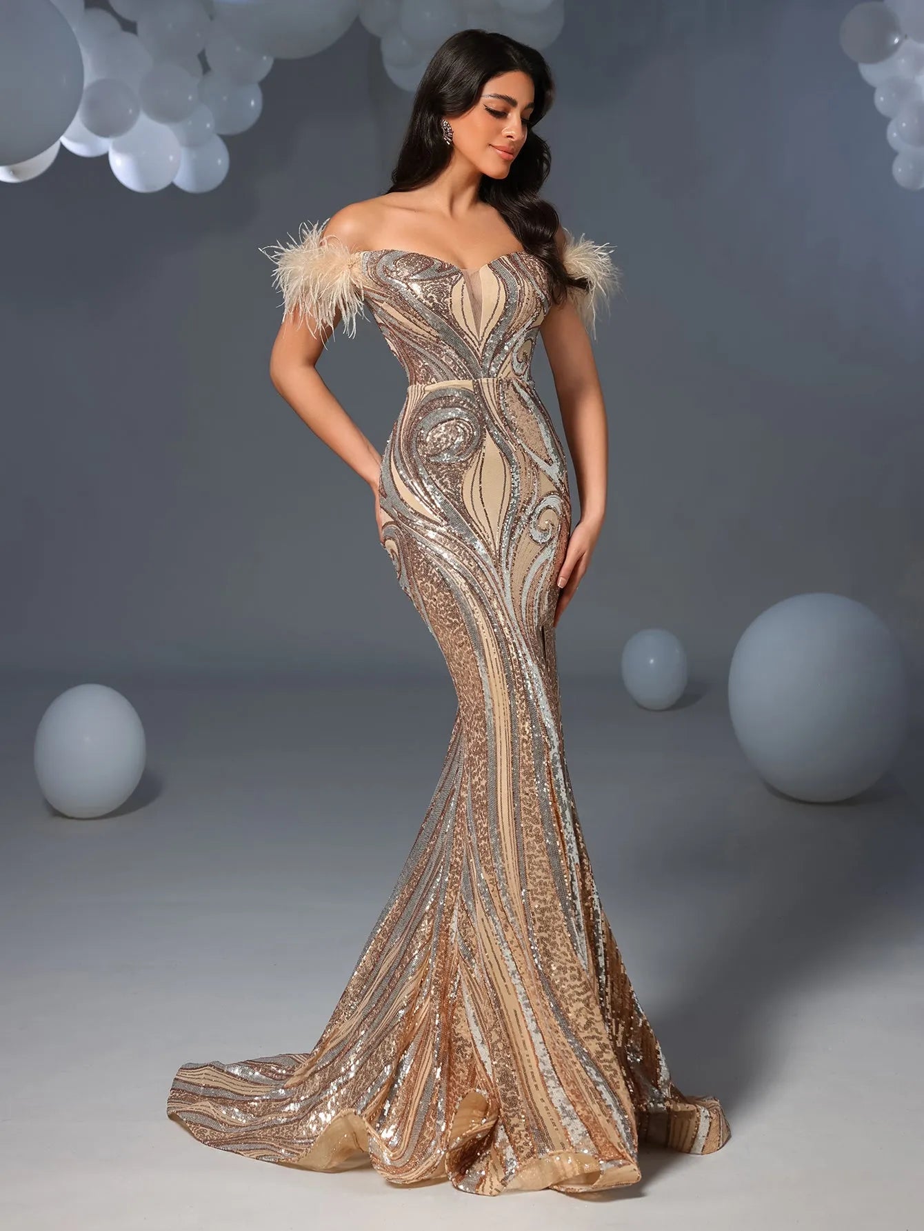 Luxury Feather Decoration Off Shoulder Mermaid Hem Graphic Sequin Eve Champagne / XS