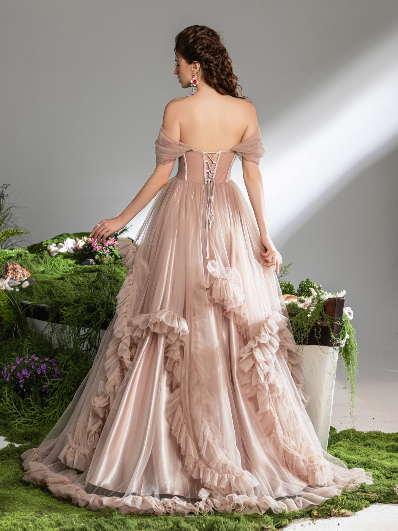 off shoulder sheer dress Gorgeous Off Shoulder Sheer Corset Bodice Ruffle Trim Tulle Prom Dress, Burgundy / M