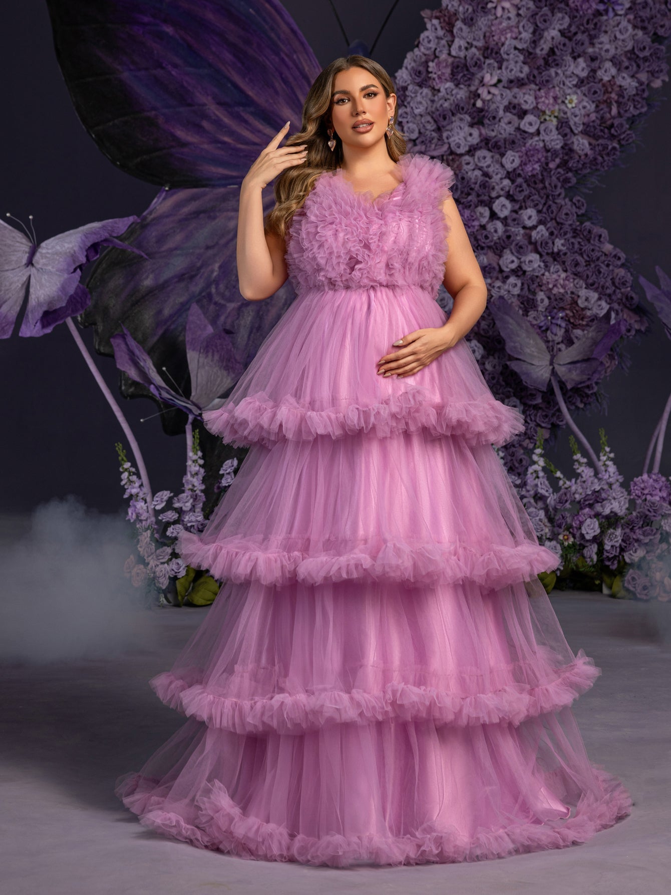 Plus Maternity  V Neck Sleeveless Ruffle Trim Layered Hem Photography Dress