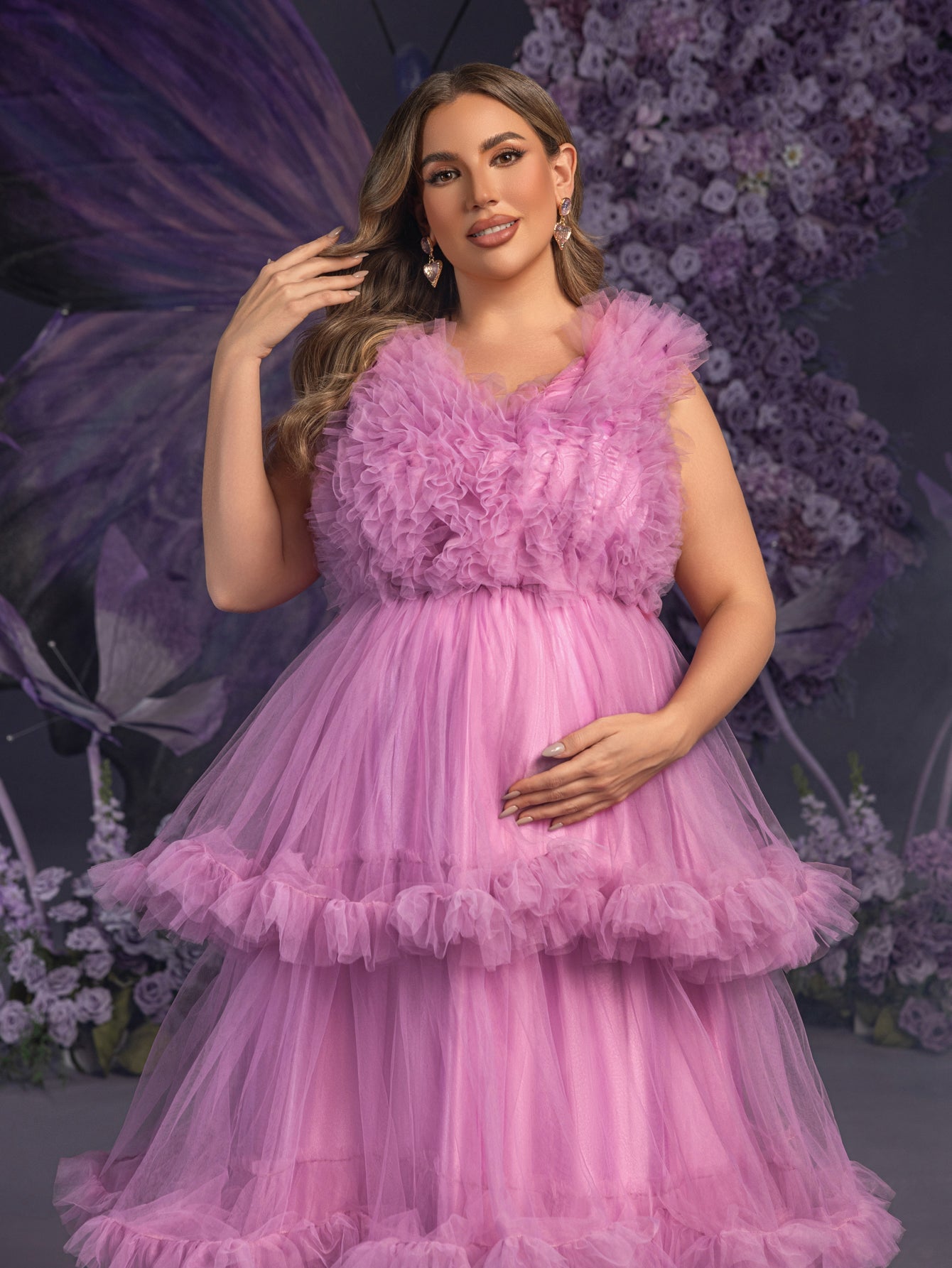 Plus Maternity  V Neck Sleeveless Ruffle Trim Layered Hem Photography Dress