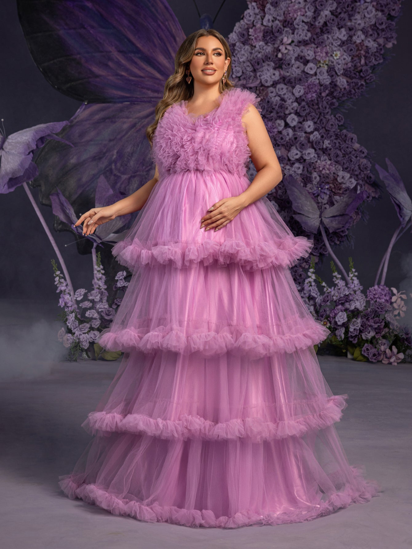 Plus Maternity  V Neck Sleeveless Ruffle Trim Layered Hem Photography Dress